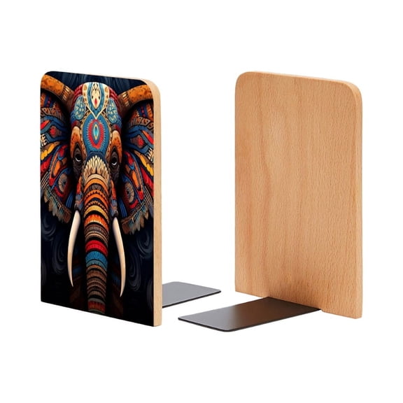 Bookends 1 Pair Non-Skid Bookend Wood Bookends for Shelves Book Stand for CDs - Symmetrical Colorful Elephant With Wings