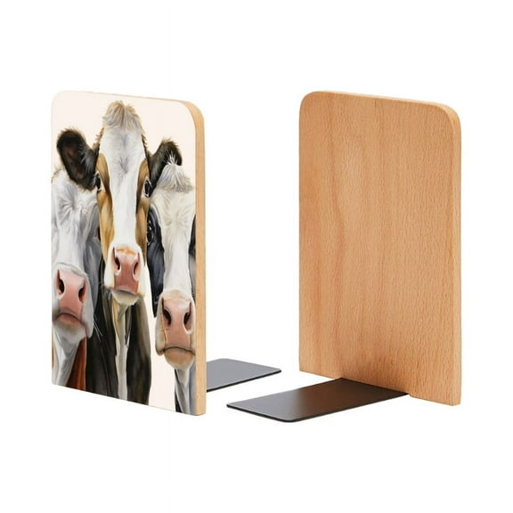 Bookends 1 Pair Non-Skid Bookend Wood Bookends for Shelves Book Stand for CDs - Three Cows Close-Up Portrait