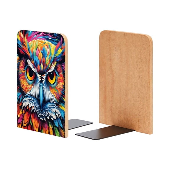 Bookends 1 Pair Non-Skid Bookend Wood Bookends for Shelves Book Stand for CDs - Vibrant Owl With Piercing Eyes
