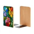 thumbnail image 1 of Bookends 1 Pair Non-Skid Bookend Wood Bookends for Shelves Book Stand for CDs - Vibrant Stained Glass Pattern Featuring Array of Colorful Flowers, 1 of 7