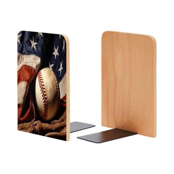 Bookends 1 Pair Non-Skid Bookend Wood Bookends for Shelves Book Stand for CDs - Vintage American Flag With Baseball And Glove in The Background