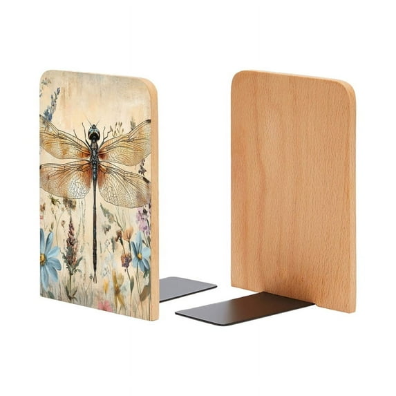 Bookends 1 Pair Non-Skid Bookend Wood Bookends for Shelves Book Stand for CDs - Vintage Dragonfly Surrounded By Wildflowers And Grasses