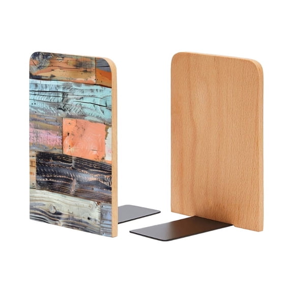 Bookends 1 Pair Non-Skid Bookend Wood Bookends for Shelves Book Stand for CDs - Weathered Wooden Planks With Faded Pastel Colors