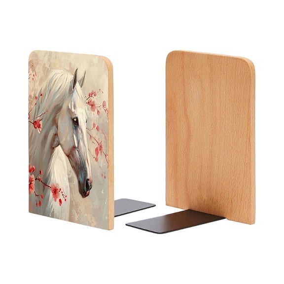 Bookends 1 Pair Non-Skid Bookend Wood Bookends for Shelves Book Stand for CDs - White Horse Head Turned Slightly To The Left