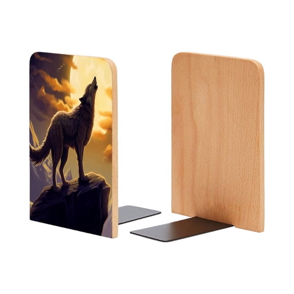 Bookends 1 Pair Non-Skid Bookend Wood Bookends for Shelves Book Stand for CDs - Wolf Howled in Front of The Mountain Under The Full Moon