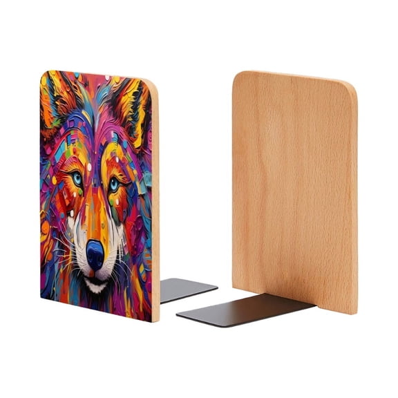 Bookends 1 Pair Non-Skid Bookend Wood Bookends for Shelves Book Stand for CDs - Wolf Portrait With Vibrant Colors And Intricate Patterns