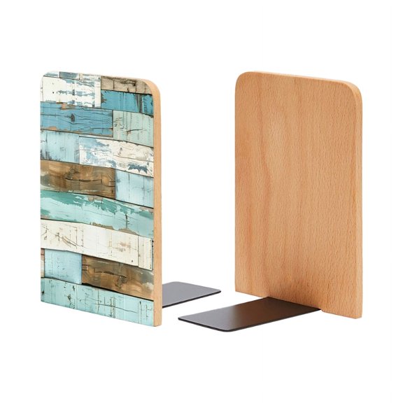 Bookends 1 Pair Non-Skid Bookend Wood Bookends for Shelves Book Stand for CDs - Wooden Wall Background With Distressed Blue And White Planks