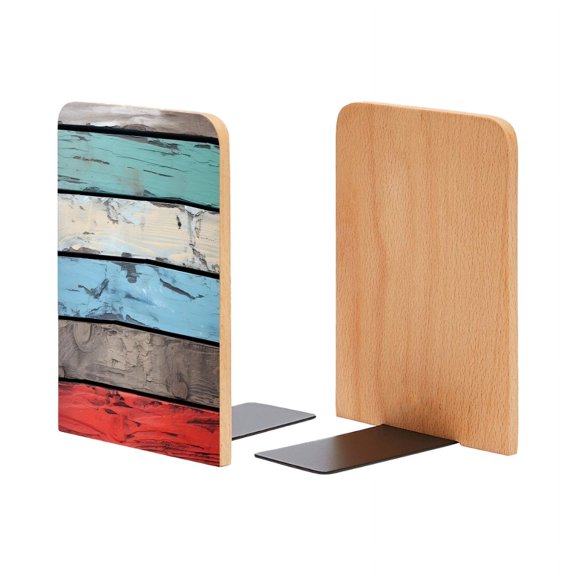 Bookends 1 Pair Non-Skid Bookend Wood Bookends for Shelves Book Stand for CDs - Wooden Wall With Colorful Horizontal Planks