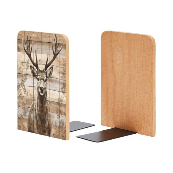 Bookends 1 Pair Non-Skid Bookend Wood Bookends for Shelves Book Stand for CDs - Wooden Wall With Deer of Vector Drawing
