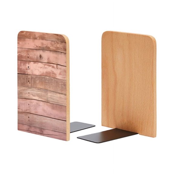 Bookends 1 Pair Non-Skid Bookend Wood Bookends for Shelves Book Stand for CDs - Wooden Wall With Horizontal Planks in Pink And Brown Tones