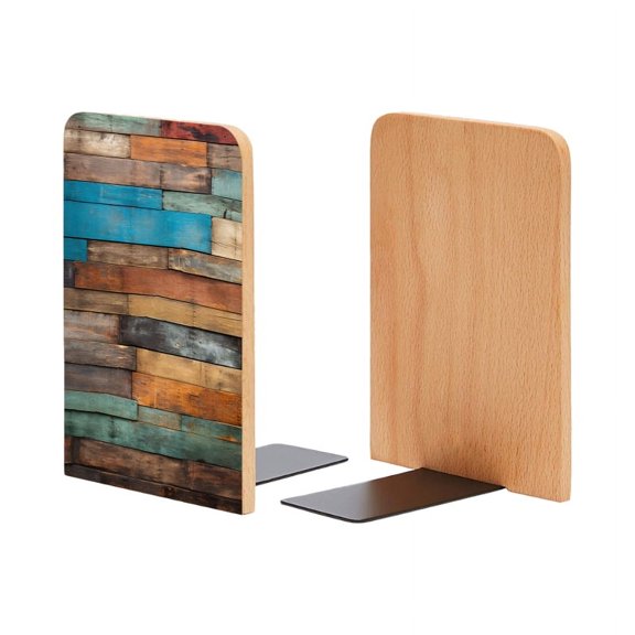 Bookends 1 Pair Non-Skid Bookend Wood Bookends for Shelves Book Stand for CDs - Wooden Wall With Multicolored Wood Planks