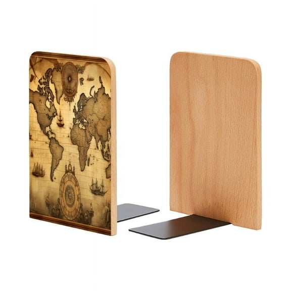 Bookends 1 Pair Non-Skid Bookend Wood Bookends for Shelves Book Stand for CDs - World Map With Old-Fashioned Compass And Ships