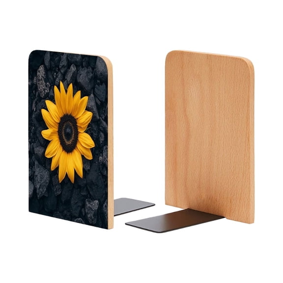Bookends 1 Pair Non-Skid Bookend Wood Bookends for Shelves Book Stand for CDs - Yellow Sunflower Laying on Pile of Rocks