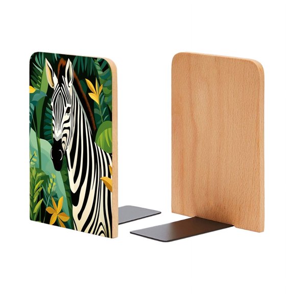 Bookends 1 Pair Non-Skid Bookend Wood Bookends for Shelves Book Stand for CDs - Zebra in The Jungle Vector Illustration