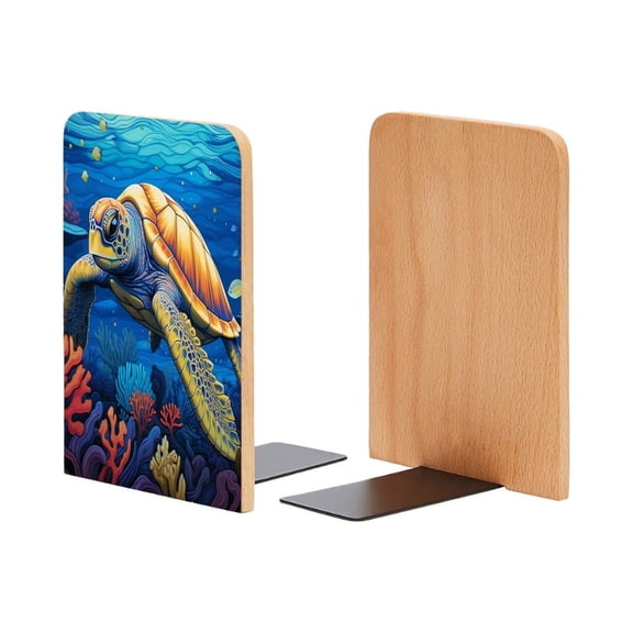 Bookends 1 Pair Non-Skid Bookend Wood Bookends for Shelves Book Stand for CDs - Colorful Sea Turtle Swimming Gracefully Through The Vibrant Coral Reefs of Ocean