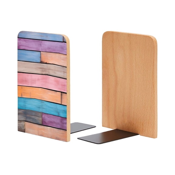 Bookends 1 Pair Non-Skid Bookend Wood Bookends for Shelves Book Stand for CDs - Colorful Wooden Wall Background With Horizontal Planks of Different Colors