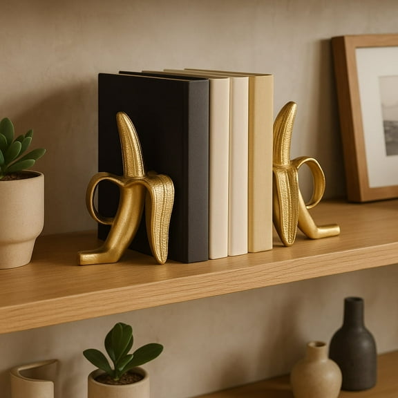 Bookends Aluminum & Suar Wood Banana Shape Metallic Finish Boho Style for Home Office Bedroom Living Room Decor Accent Organizer Set of 2 - 9" Gold