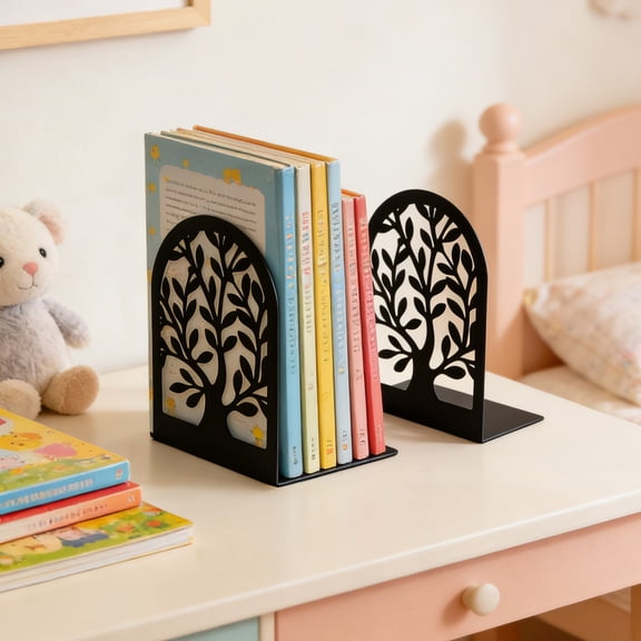 Bookends, Decorative Metal Tree Shaped Book Ends for Shelves, Heavy Duty L Shaped Support for Home Office Desk, 6.88x4.72x3.34in