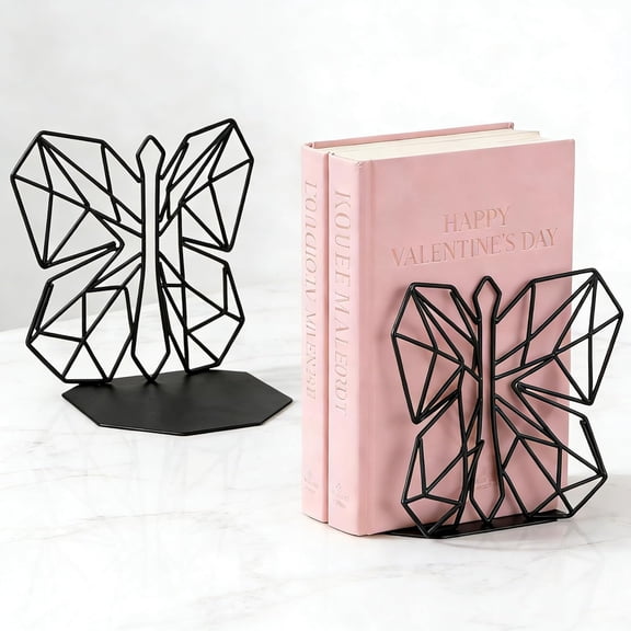 Bookends Geometric Decorative Metal Book Stoppers Abstract Creative Book Supports, Book Holders for Shelves, Butterfly Book Ends for Office 1 Pair (Black)