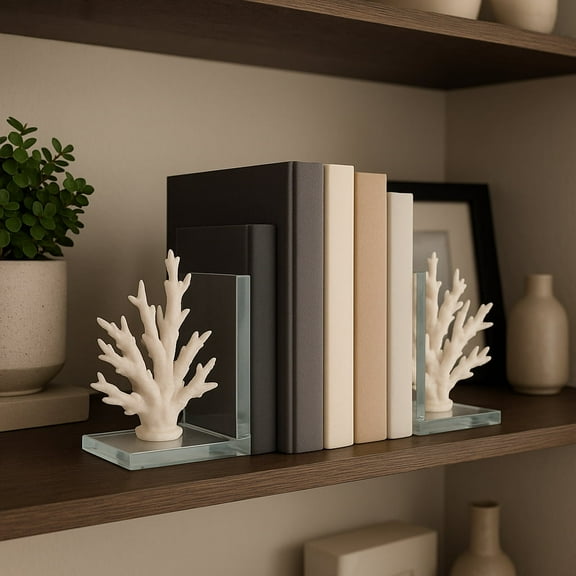 Bookends Resin Polyresin Coastal Style Coral Design Decorative Accent for Home Office Bedroom Living Room Set of 2 - 7" White