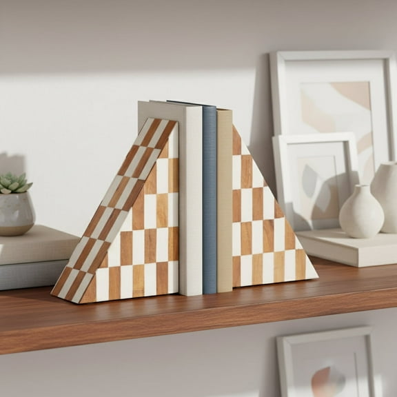 Bookends Resin Wood Checkered Triangle for Home Office Set of 2 - 7" Ivory & Tan