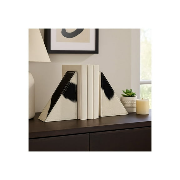 Bookends for Shelves and Bookshelf Decor - Triangular Decorative Bookends with Cowhide Leather Wrapped Finish - Sturdy Bookends Perfect for Home Library, Office, and Desk Decor - 7" Ivory & White