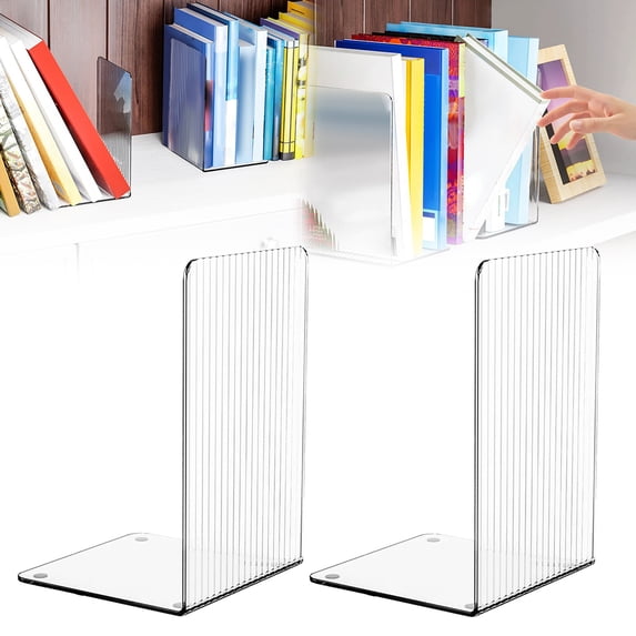 Bookends for Shelves, Heavy Duty Acrylic Book Ends, Clear Rippled Pattern Book Holder Stand for Heavy Books Home Office Organizer and Desktop Decorative, 2 Pcs, 4.7x4.7x7.3"