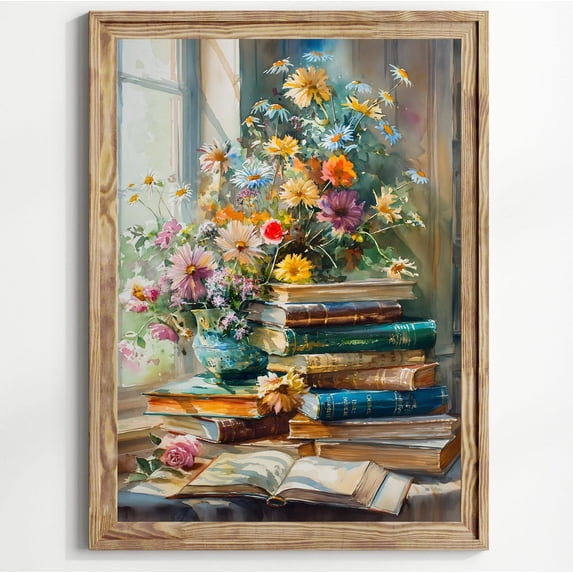 Bookish Abstract Stack Of Books Cottagecore Wall Art Print, Floral ...