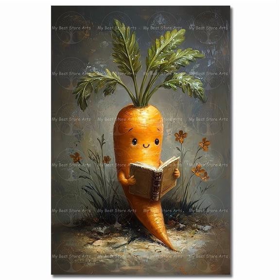 Bookish Carrot Art Print, Cute Food Wall Decor, Fantasy Dinning Area Picture, Reading Plant Poster, Funny Whimsical Vegetable Art, Poster Only