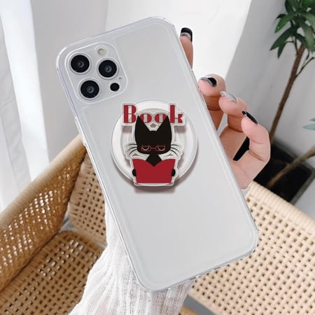 Bookish Cat Acrylic Phone Grip, Kawaii Black Cat Holder, for Bookworms