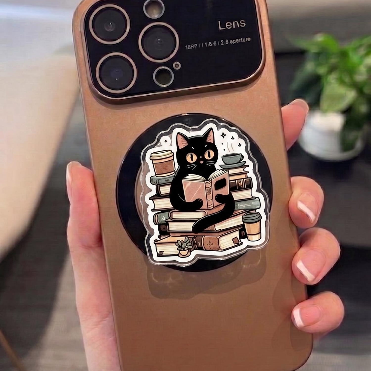 Bookish Cat Magsafe Phone Grip – Cute Black Cat Reading with Stack of ...
