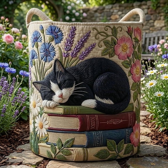 Bookish Cat Quilted Laundry Basket: Book Lovers Hamper, Custom Breed Cat Storage Bin