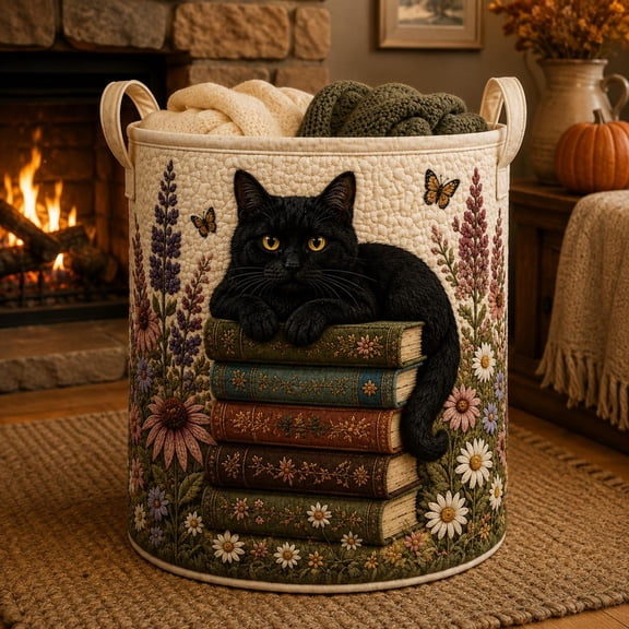 Bookish Cat Quilted Laundry Basket, Cozy Reading Kitten Fabric Hamper, Book Lover Blanket and Toy Storage Bin, Library Nursery Decor