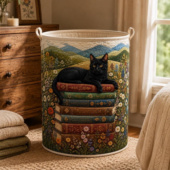 Bookish Cat Quilted Laundry Basket, Reading Kitten Fabric Hamper, Cozy Book Lover Storage Bin, Blanket and Toy Organizer, Library Decor