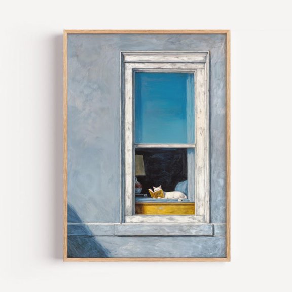 Bookish Decor, Book Lovers Cat Wall Art, Cat Painting, Library Decor, Bookish Merch Blue Art, Cat Lover Poster Print Decor Size 24x36 Unframed Poster