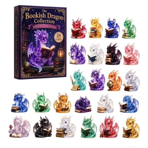 Bookish Dragon Advent Calendar, 24Piece Acrylic Dragon Figurine Collection Set, 24Day Countdown Gift Box, Fantasy Mini Dragon Statues for Home Decor & Collectors
