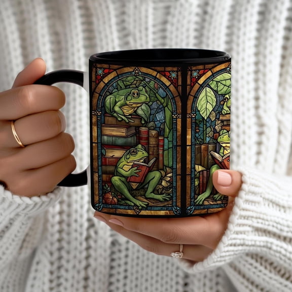 Bookish Frog Stained Glass Mug, Dark Academia Reading Frogs Coffee Mug