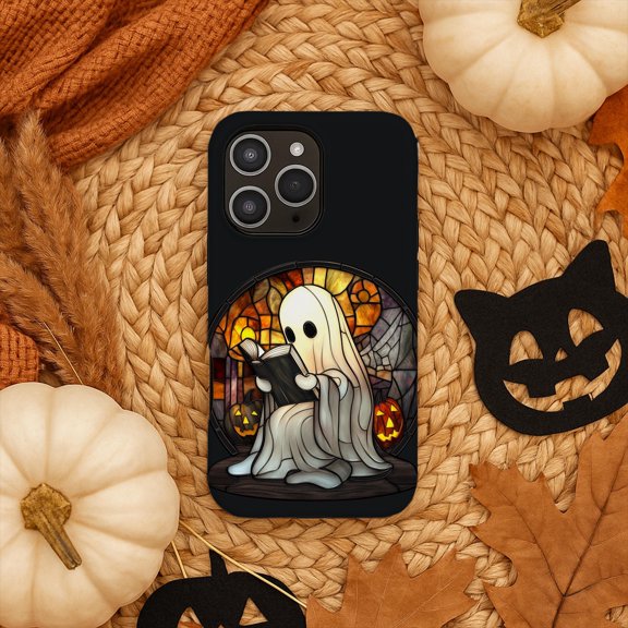 Bookish Ghost Faux Stained Glass Tough Phone Case, Dual-Layer Protective Cover for iPhone