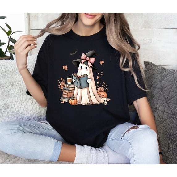 Bookish Ghost Halloween Shirt: Librarian Teacher Tee Halloween Crew Neck Casual Women Teacher Tshirts