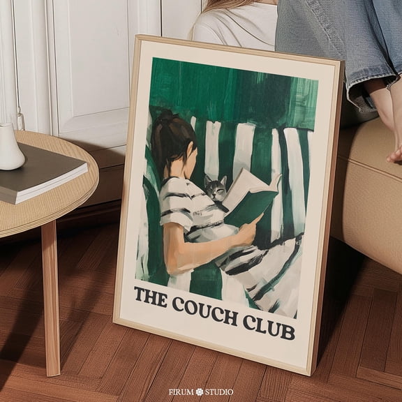 Bookish Girl Reading Poster, Couch Club Printable Art in Deep Green Tones, Cozy Literary Decor, Modern Apartments Print, 16x24 UNFRAMED