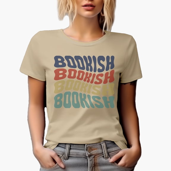 Bookish, Name or Title for a Reading Enthusiast or Book Lover, Groovy Retro Wavy Text Merch Gift, Tan T-Shirt, Small
