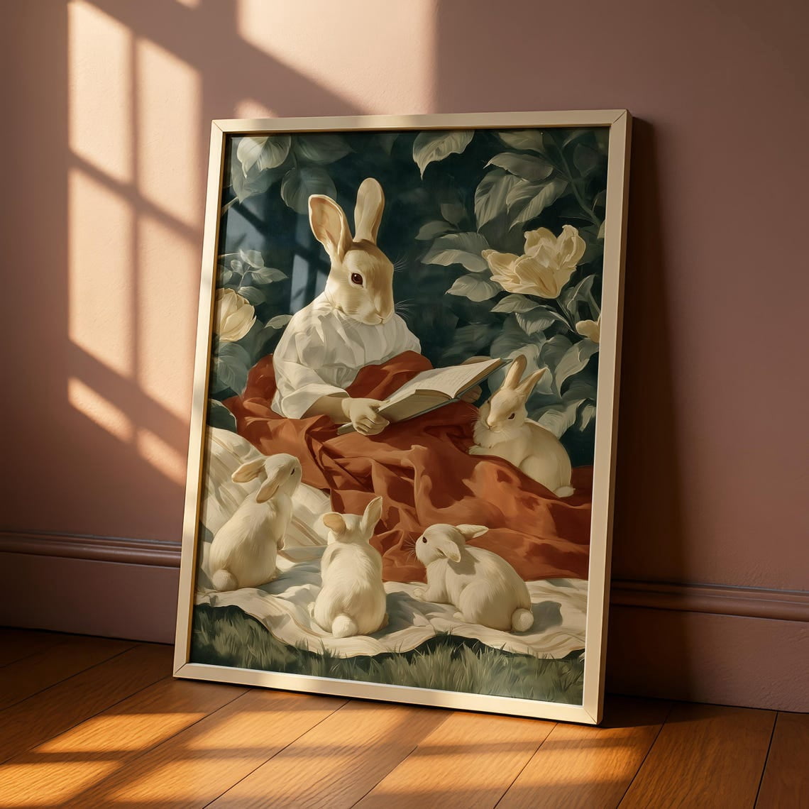 Bookish Rabbit Wall Art Print, Woodland Bunny Family Reading Decor ...