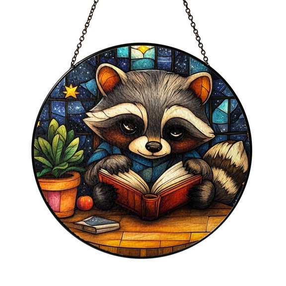 Bookish Raccoon Stained Glass Window Suncatcher, Whimsical Woodland Reading Art Hanging Decor
