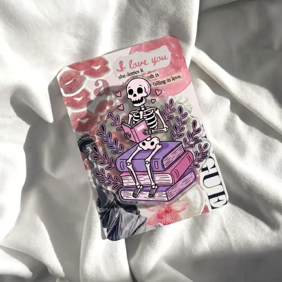 Bookish Skeleton Phone Grip for Book Lovers, Cute Pastel Purple Acrylic Griptok, Reading Worm Phone Holder, Coquette Aesthetic Spooky Phone Accessory Gift for Her