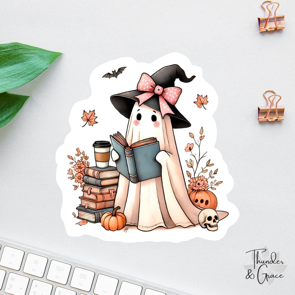 Bookish Sticker, Ghost Reading Books, Halloween Ghost Sticker, Book ...