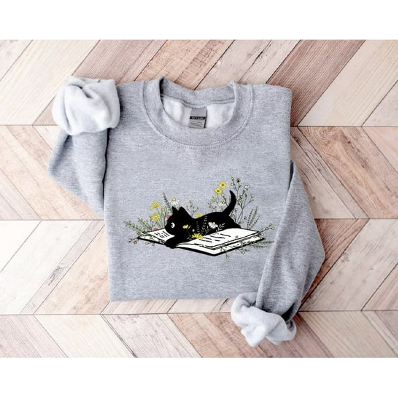 Bookish Sweatshirt, Book Lover Sweatshirt, Gift for Cat Lover, Cute Cat Book Sweatshirt, Librarian Gifts For Women, Floral Cat Sweatshirt