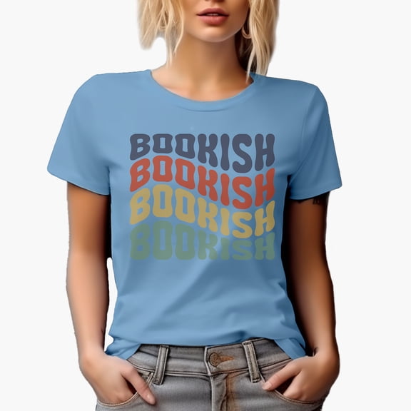 Bookish, Title or Name for a Reading Enthusiast or Book Lover, Groovy Retro Wavy Text Merch Gift, Baby Blue T-Shirt, XL