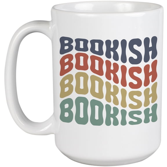 Bookish, Title or Name for a Reading Enthusiast or Book Lover, Groovy Retro Wavy Text Merch Gift, White 15oz Ceramic Mug