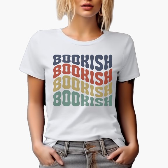 Bookish, Title or Name for a Reading Enthusiast or Book Lover, Groovy Retro Wavy Text Merch Gift, White T-Shirt, Small