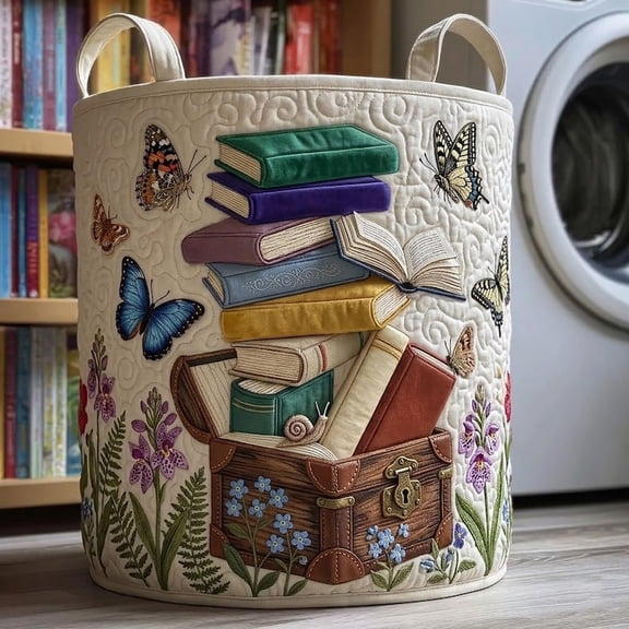 Bookish Treasure Quilted Laundry Basket: Family Quilt Storage Bin, Book Lover Gift
